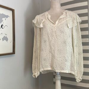 Maje Ivory & Black Star Print Lacky Ruffle Cupro Lightweight Blouse Size 3/L NEW